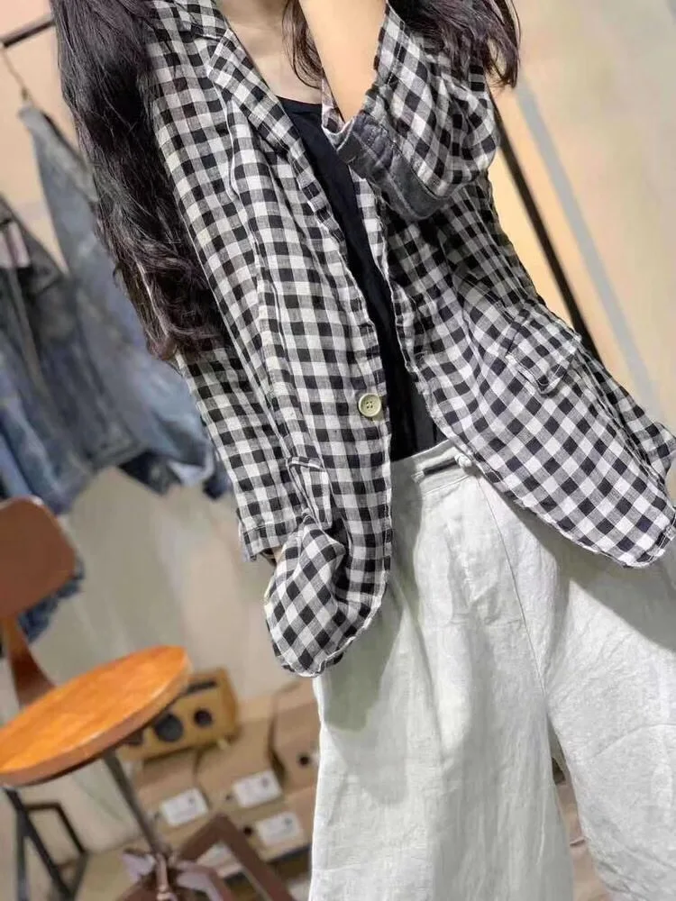 

Origional Large Size Autumn New Style Flax Short Plaid Cardigan Coat Women's Versatile Fashion 2019