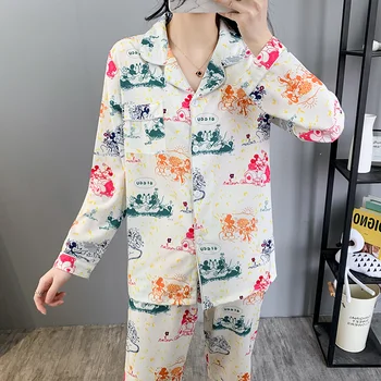 

Silk Pajama Women's Sleepwears Sexy Sleepwear Women Print Sleepshirts Fall pajamas Female Sleepshirt Cartoon with Long sleeves