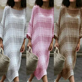 

Summer Womens Cotton And Linen Loose Boho Party Beach Maxi Dress Sundress Plus Size Striped Printed Dress