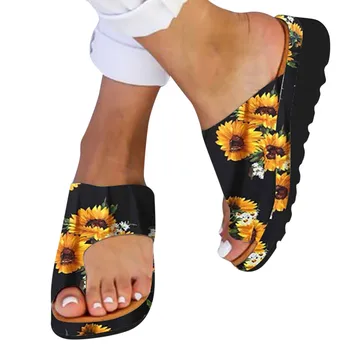 

Sunflower printing Flats Open Toe Slippers Beach Shoes Roman Thick Toe Slippers 2020 New Slip-on Flats Round Toe Slippers тапки