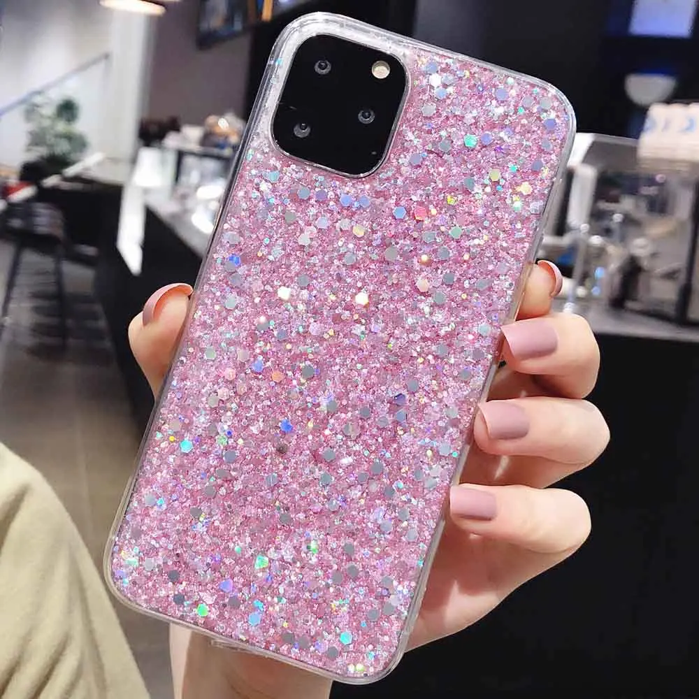Pink Глиттер для телефона, чехол для iPhone 7 6 6S плюс 8 х XR XS Max 5S SE Блестящий мягкий прозрачный TPU кейс на заднюю панель для iPhone 11 Pro Max Coque - Цвет: Pink
