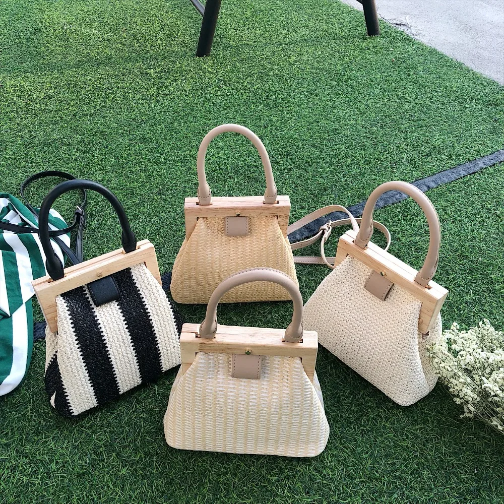 Ретро тканая соломенная сумка деревянная Верхняя ручка на застежках Женская