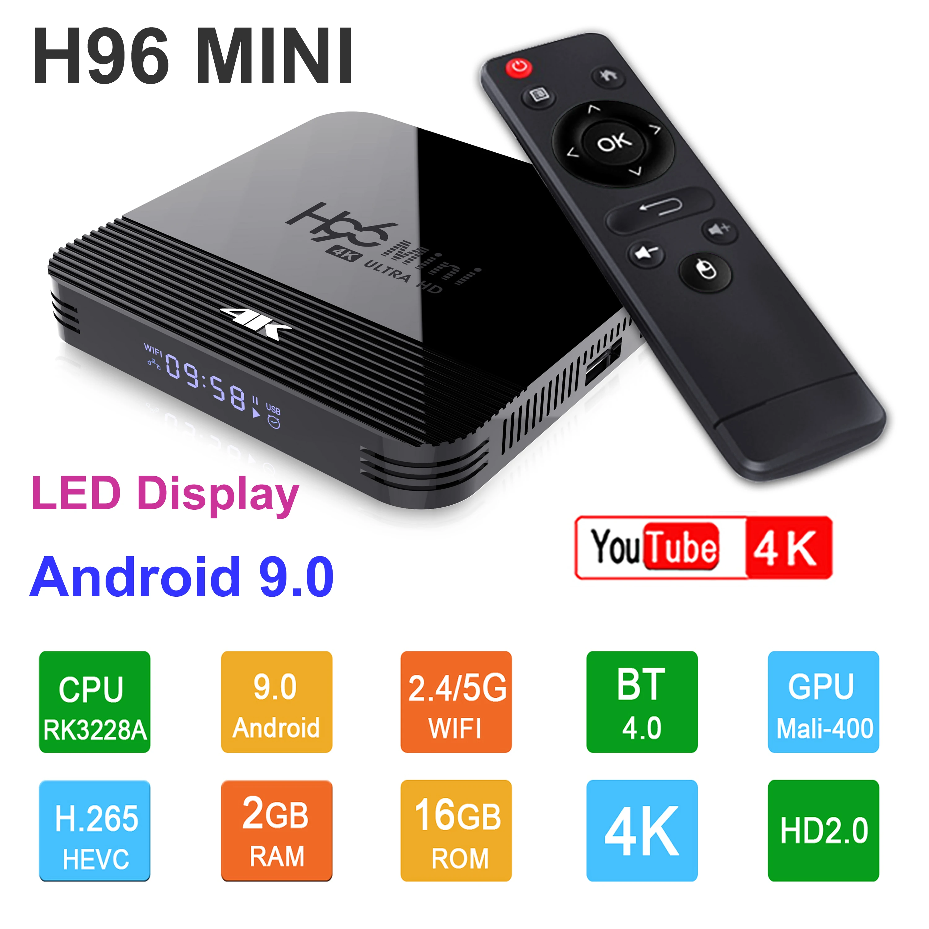 H96 мини H8 Смарт ТВ приставка Android 9,0 Rockchip RK3229A 2 Гб ОЗУ 16 Гб ПЗУ 2,4G/5G двойной wifi BT4.0 4K HDR H.265 телеприставка