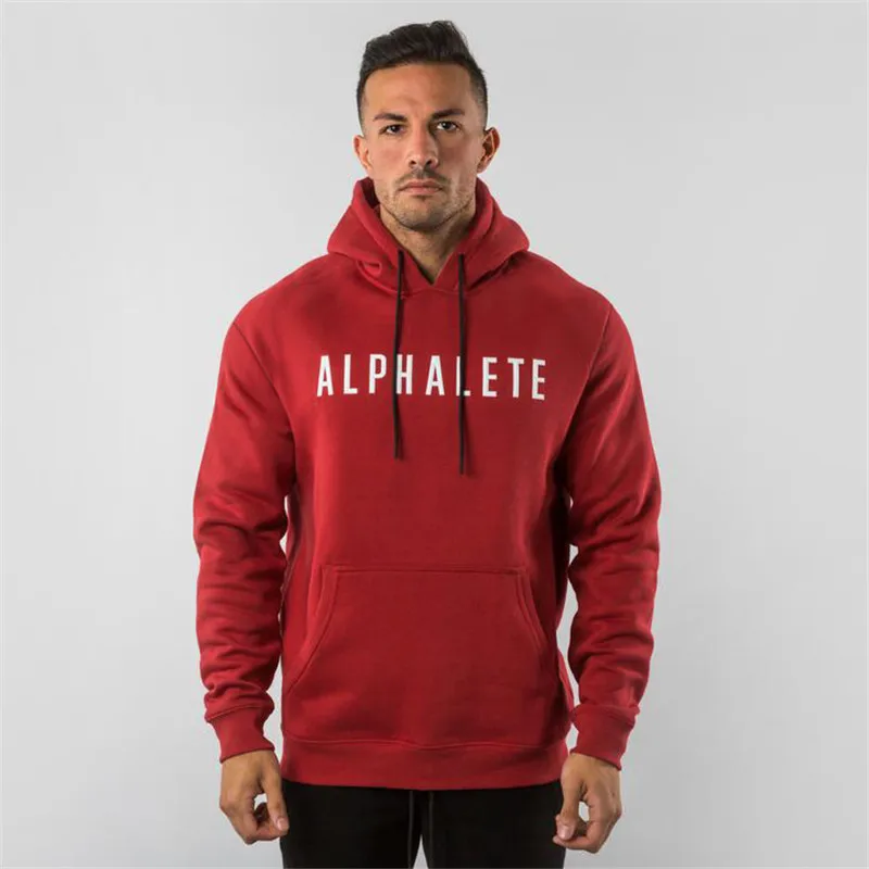 Красный ALPHALETE брендовые осенние мужские обтягивающие толстовки, мужские тренажерные залы, для фитнеса, бодибилдинга, бегунов, спортивная одежда, повседневные Модные хлопковые толстовки - Цвет: Красный