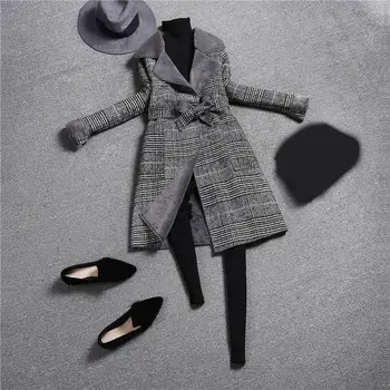

Winter Woman Plaid Coat Long Sleeve Blends Woolen Coat Pocket Slim Warm Long Overcoat