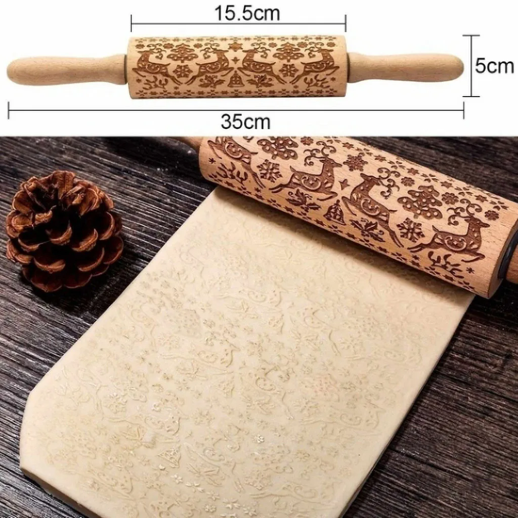 Christmas Rolling Pin Engraved Carved Wood Embossed Rolling Pin Kitchen Tool 35CM Embossing Baking Cookies Biscuit Fondant#5