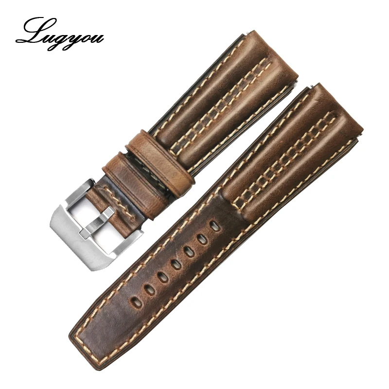 SST Buckle Lugyou San ремешок для часов из натуральной кожи с плоскими концами 22 мм из нержавеющей стали бронзовая Пряжка с язычком быстросъемный пружинный двойной - Цвет ремешка: SST Buckle