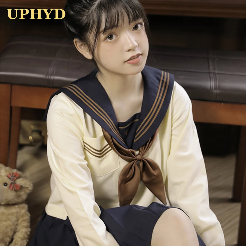 

Academic Style Girl School Uniform Light Yellow Tops Pleated Skirt Cardigan Sets Japanese Sailor Uniforms