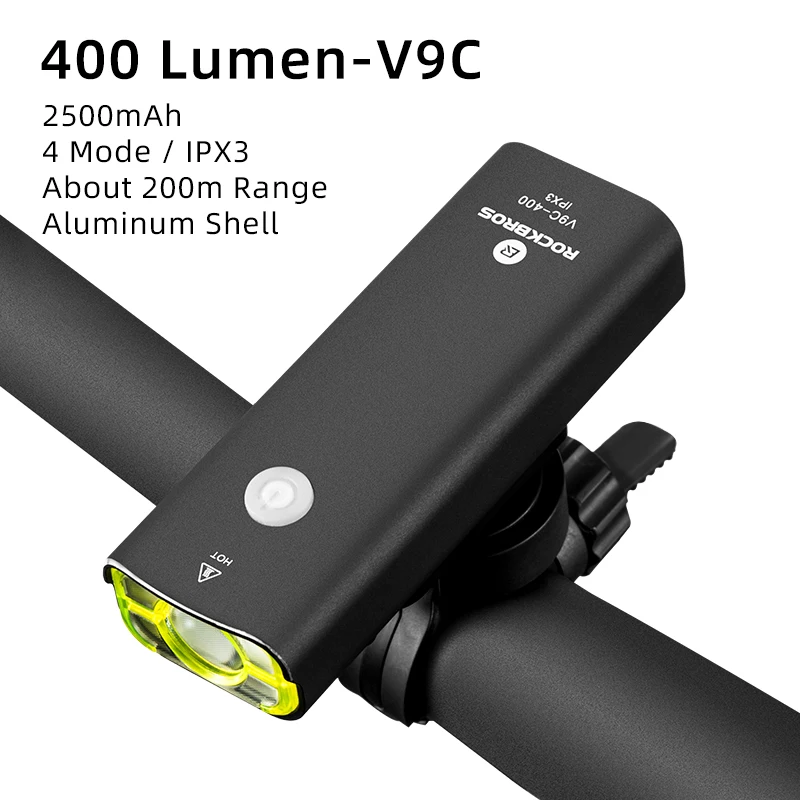 V9C-400 ROCKBROS велосипедный светильник, непромокаемый, USB, перезаряжаемый, светодиодный, 2000 мА/ч, MTB, передняя лампа, головной светильник, алюминиевый, ультра-светильник, светильник-вспышка, велосипедный светильник - Цвет: V9C-400