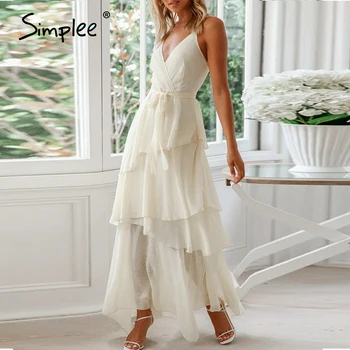

Simplee Sleeveless women party dress Ruched solid high waist v-neck summer dress Streetwear ruffled sash evening maxi dresss