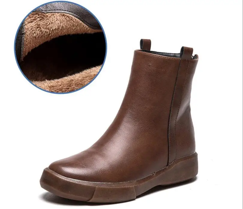 brown thick Классические Элегантные Модные дышащие ботинки из натуральной кожи на высоком каблуке; Туфли-лодочки; зимние мягкие и удобные женские ботинки на танкетке - Цвет: brown thick