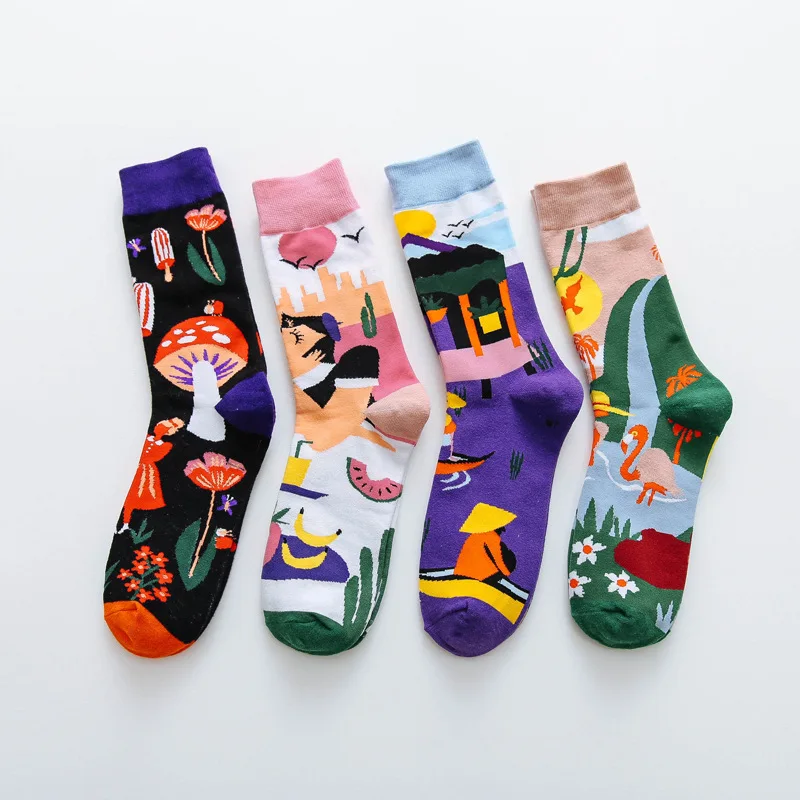 Мода «унисекс»; Симпатичные носки с мультяшным рисунком; узорчатые носки хлопок Для мужчин Для женщин носки красочные носки осенние зимние длинные носки до колена 4 пар/компл - Цвет: Многоцветный