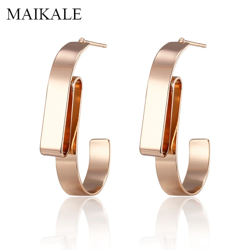 

MAIKALE Trendy Gold Geometric Big Stud Earrings C shape Irregular Metal Strip Fold Earrings for Women Jewelry Accessories Gifts