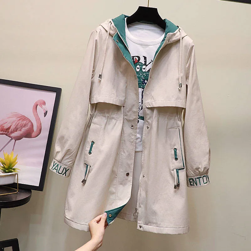2020 New Spring Autumn Trench Coat Women Hooded Long Coat Streetwear Windbreaker Female Casual Outwear Zipper Pocket Overcoat