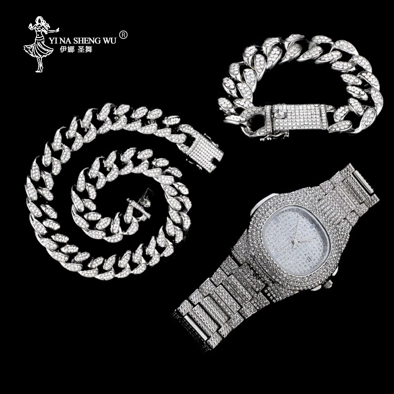 Хип хоп 20 мм 1 комплект кубинская цепочка ожерелье + браслет часы со льдом стразы CZ