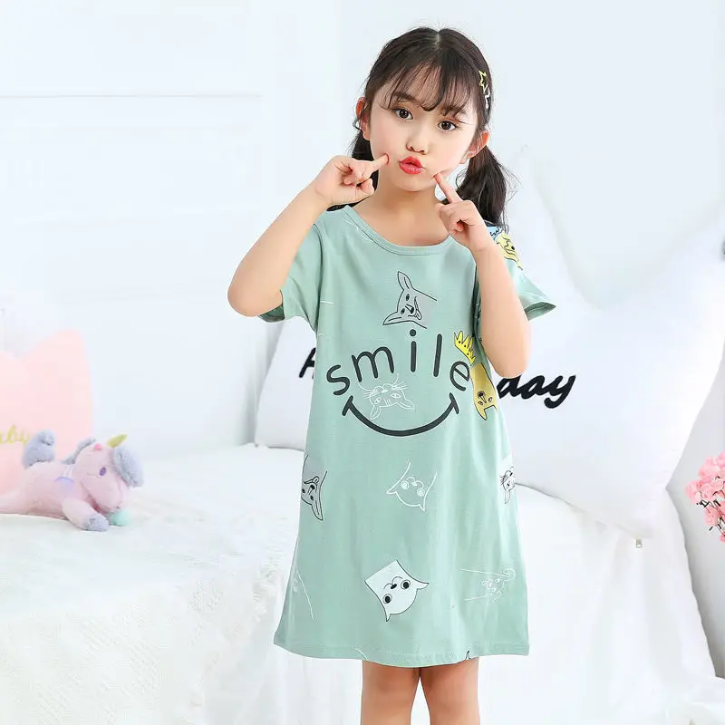 Kids Girls 100% Cotton Nightgown Cartoon Nightdress Girl Sleepwear Loose Pajamas Summer Short Sleeves Nightwear Children Clothes cotton short pajama sets