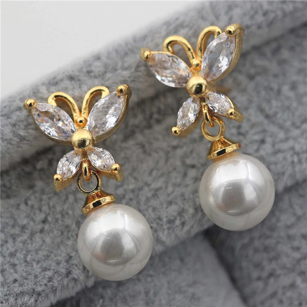 Богемные жемчужные серьги для женщин, позолоченные серьги-бабочки с кубическим цирконием, Boho трендовые серьги-гвоздики, свадебные ювелирные изделия