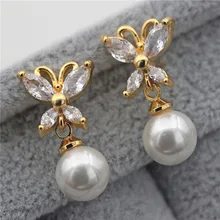 Богемные жемчужные серьги для женщин, позолоченные серьги-бабочки с кубическим цирконием, Boho трендовые серьги-гвоздики, свадебные ювелирные изделия