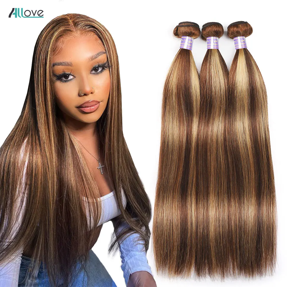 Allove destaque pacotes de cabelo humano em linha reta do osso pacotes p4/27 pacotes ombre remy feixes tecer cabelo brasileiro com destaques