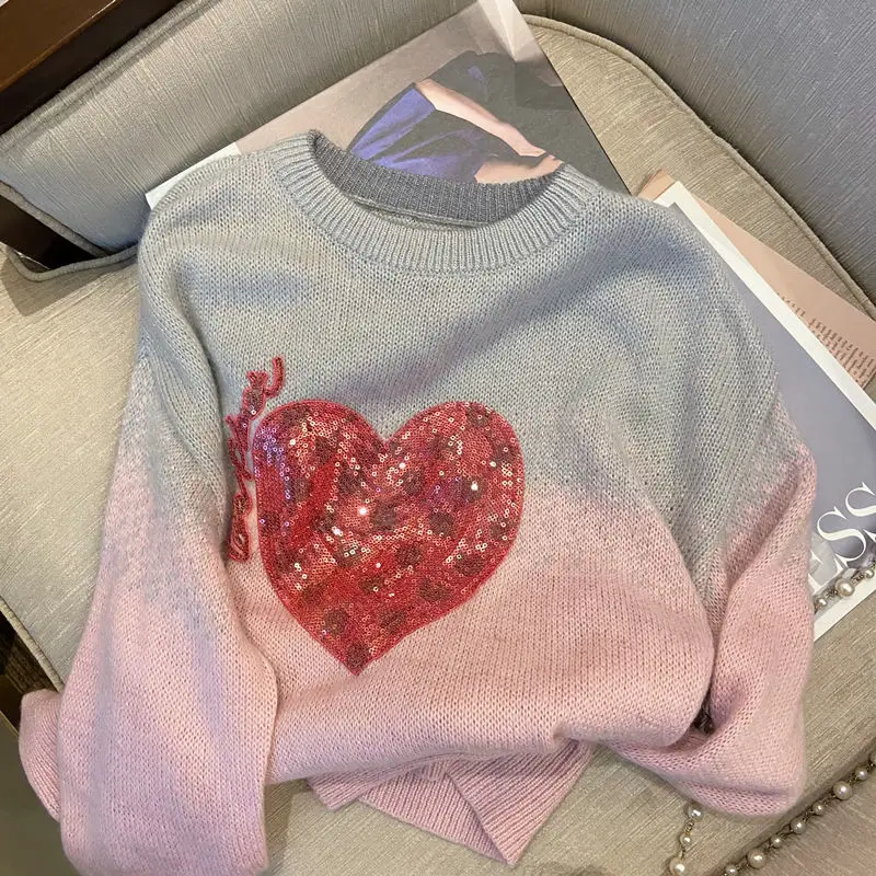 

Korean Version of Loose Gradient Sweater Women's Niche Pullover Round Neck 2021 New Temperament Is Thin and Lazy Sweater Tide