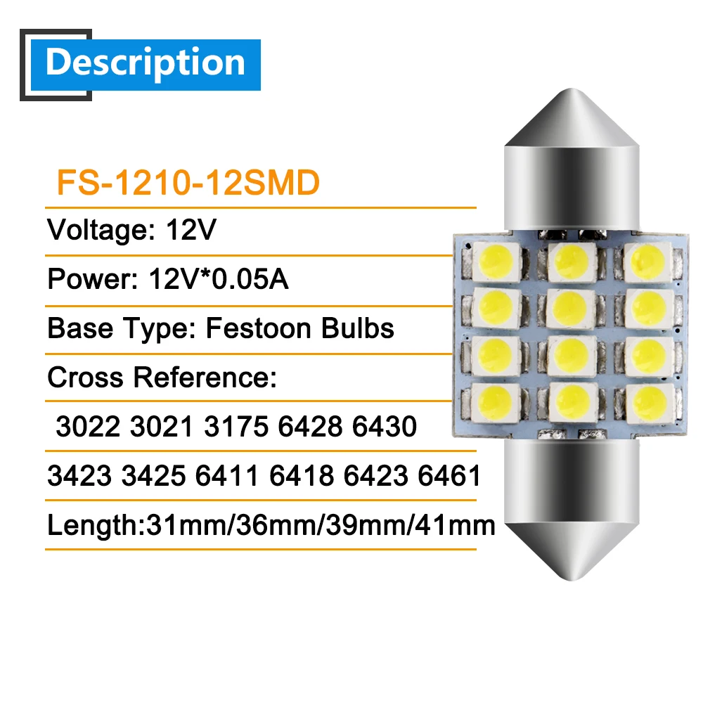 100 шт 12В 1210 12 SMD 31 мм 36 мм 39 мм 41 мм светодиодные лампы-гирлянды, Купольные лампы, светильник для чтения, потолочный светильник белого цвета