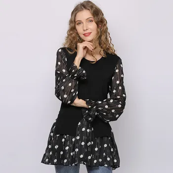 

Women Long Chiffon Blouse Patchwork New 2020 Sexy Casual Puff Sleeves Korean Shirt Elegant Slim Women Tops blusa D20620