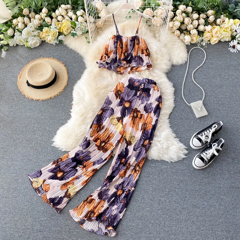 Printed Short Top Pleated High-Waist Wide-Leg Pants Two-Piece Set in Pants