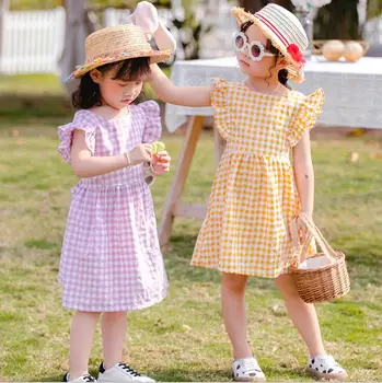 

2020 New Style Girls Plaid Ruffles Dress Fashion Cotton Summer Girls Dresses 1-6t PY799
