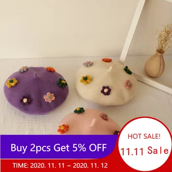 

Girl Hat Autumn and Winter 2020 New Woolen Flower Children's Beret Cute Baby Curling Pumpkin Hats Painter Cap Kids Accessories