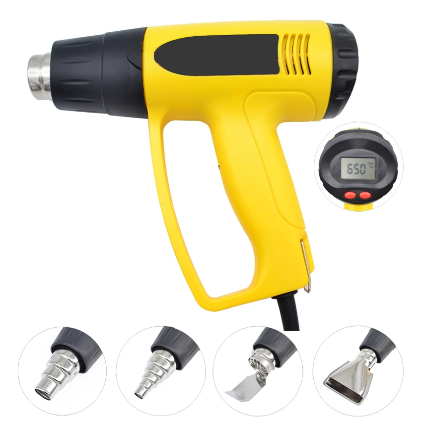 Yellow with Nozzles 2000 Вт Электрический фена терморегулятор тепловые пушки ЖК-дисплей термоусадочная упаковка тепловой Электроинструмент с насадками - Цвет: Yellow with Nozzles