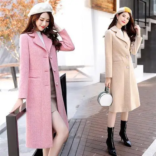 

2019 Winter New Style Slim Fit Slimming Single Breasted Woolen Overcoat Mid-length over-the-Knee Plaid plus Cotton Woolen Jacket