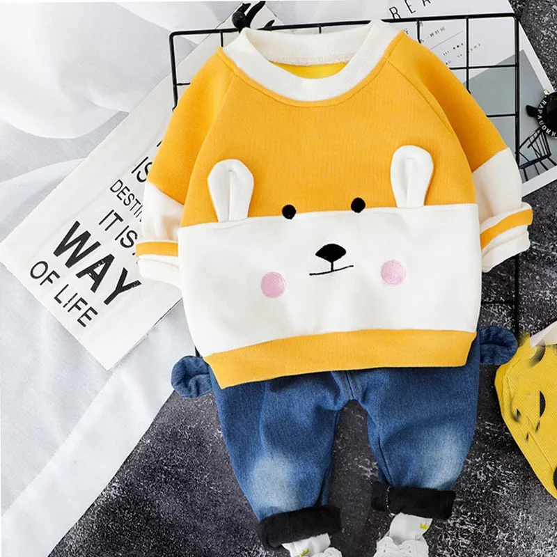 Yellow Зимний Теплый Бархатный комплект одежды для мальчиков, детский пуловер с рисунком из мультфильма, Толстовка+ джинсы, длинные штаны, 2 предмета, S9790 - Цвет: Yellow