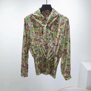 

2020 spring new ruffles collar long sleeve floral print pleated waist hugging green tops