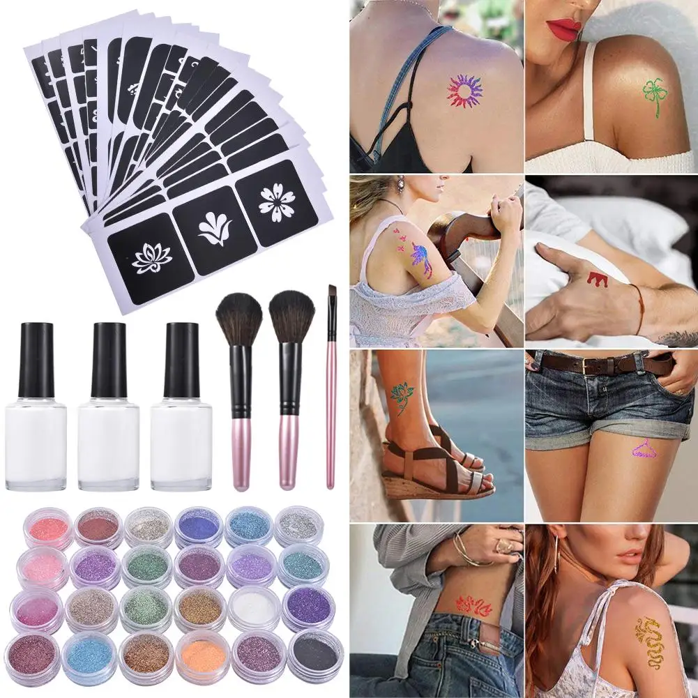 24Pcs Color 120 Templates Set Flash Diamond Glitter Flash Powder For Temporary Tattoo Set Kids Face Body Painting Art Tools Suit