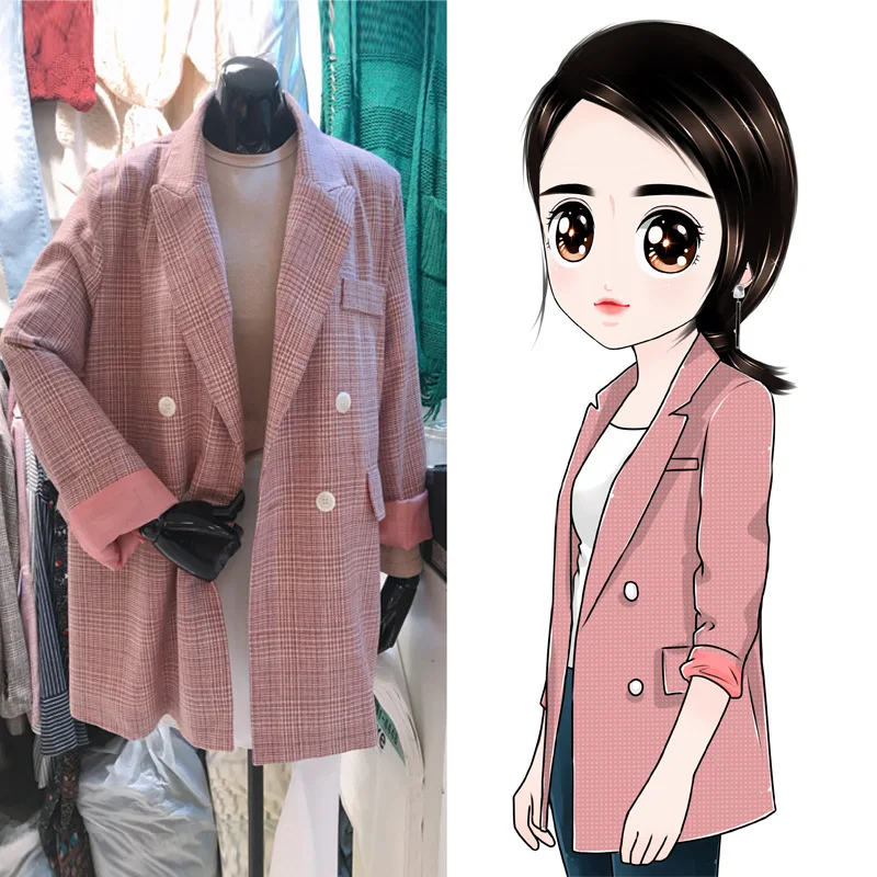 

Slimming Suit Medium-length New Style South Korea Sub-Small Coat Spring Clothing Plaid Loose-Fit Spring Clothing New Style WOMEN