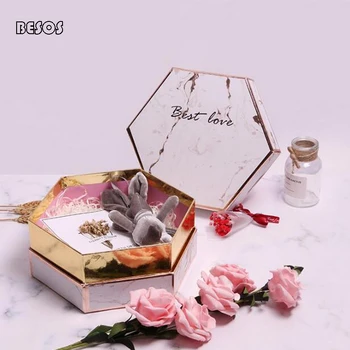 

Gift Box Birthday Gift Box Marble Pattern Creative Regular Hexagonal Souvenir Wedding Candy Packaging Box B0022M