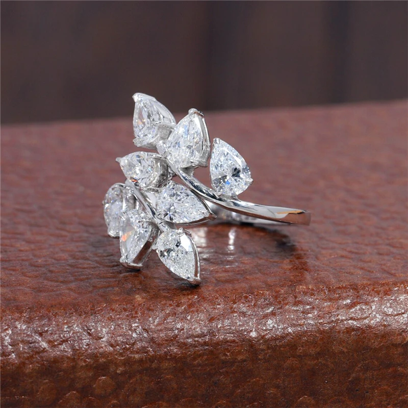 

RandH Solid 14K White Gold Pear 5*3mm Cut Flower Moissante Rings Luxury Art Deco Twig Leaf Rings For Women Party Fashion Ring