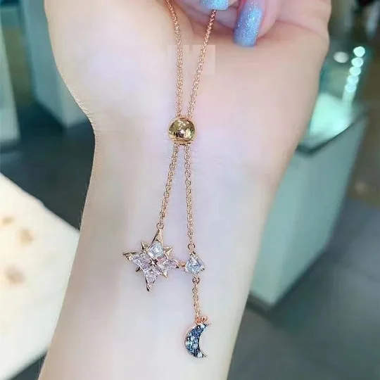 201925 Silver Shih New Style Y Moon And Stars Snowflake Clavicle Necklace Women's Moonlight Tassels Choker Star Pendant