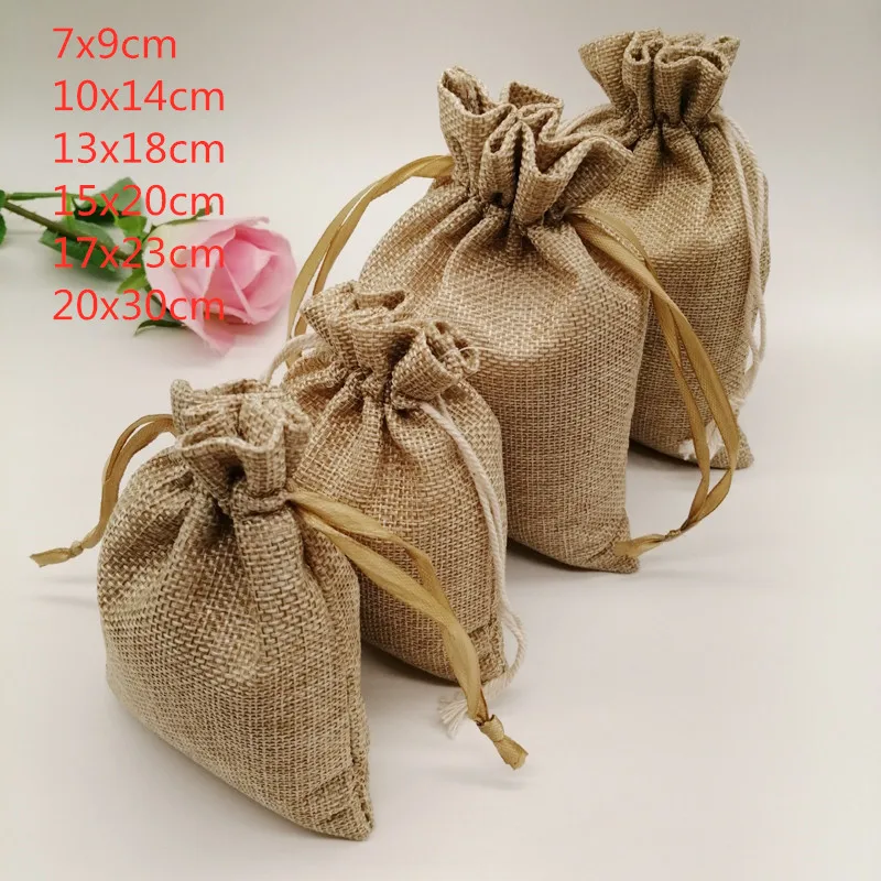 10-1000 teile/los Jute Leinen Taschen Kordelzug Geschenk Verpackung Taschen Für Weihnachten Hochzeit Party Favor Taschen Jute Geschenk Tasche leinensack – Detail 1