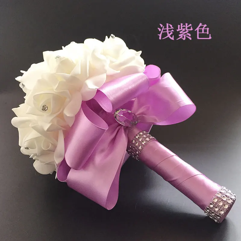 Хорошее качество дешевые PE розы невесты свадебные поролоновые цветы розы свадебный букет ленты поддельные свадебные букет de noiva - Цвет: Lilac purple