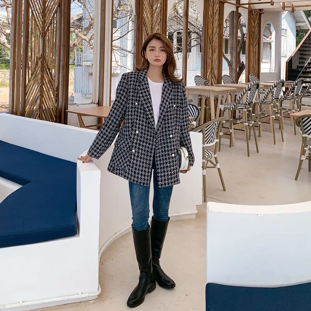 

Photo Shoot 2020 Spring New Style Hipster Vintage WOMEN'S Dress CHIC Graceful Double Breasted Short Plaid Suit Jacket