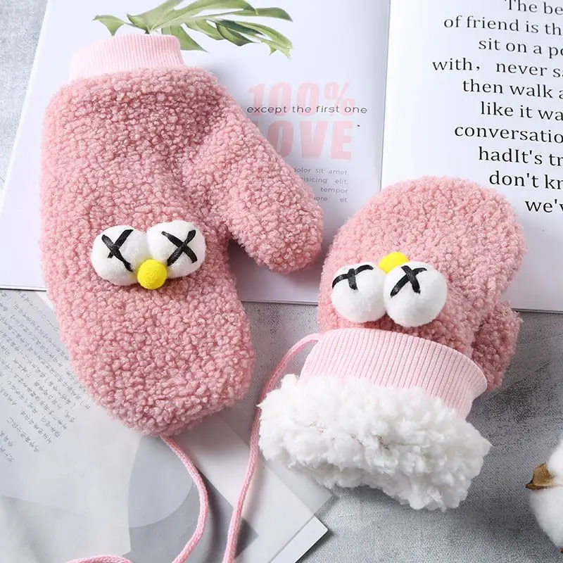 pink Женские осенние зимние милые перчатки, Мультяшные глаза, веревки, имитация кашемировые перчатки, теплые перчатки - Цвет: pink
