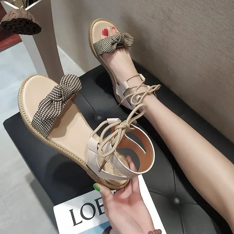 

2019 Summer Open Toe Sandals Big Kid Bow Flat Heel Flat Simple Versatile Students A- line Surface Gladiator Sandals