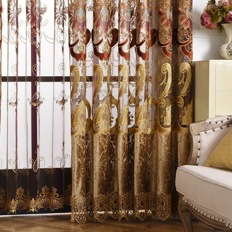 

New Luxury Embroidered Geometry Curtains for Living Room Coffee Chenille Hollow Out Semi-Blackout French Window Drapes European