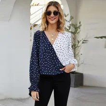 Fashion Contrast Color Dot Blouse Women V-Neck Long Sleeve Ruched Sexy Women Tops Ladies Casual Spring Summer Clothes Roupa Fashion Contrast Color Dot Blouse Women V-Neck Long Sleeve Ruched Sexy Women Tops Ladies Casual Spring Summer Clothes Roupa