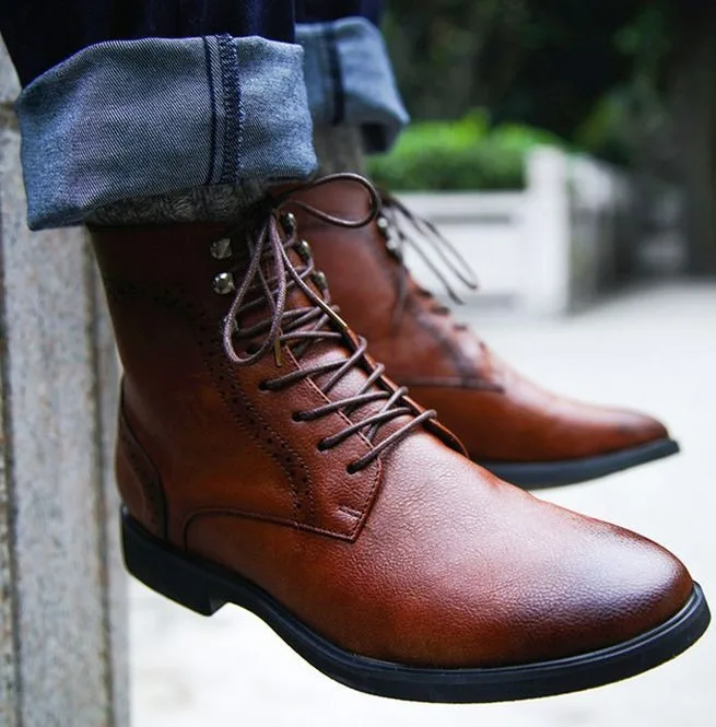 

Fashion Men Pu Leather Low Heel Casual Lace-up Cross-tied Casual Shoe Round Toe Ankle High Style Male Trendy Martin Boots 4M024