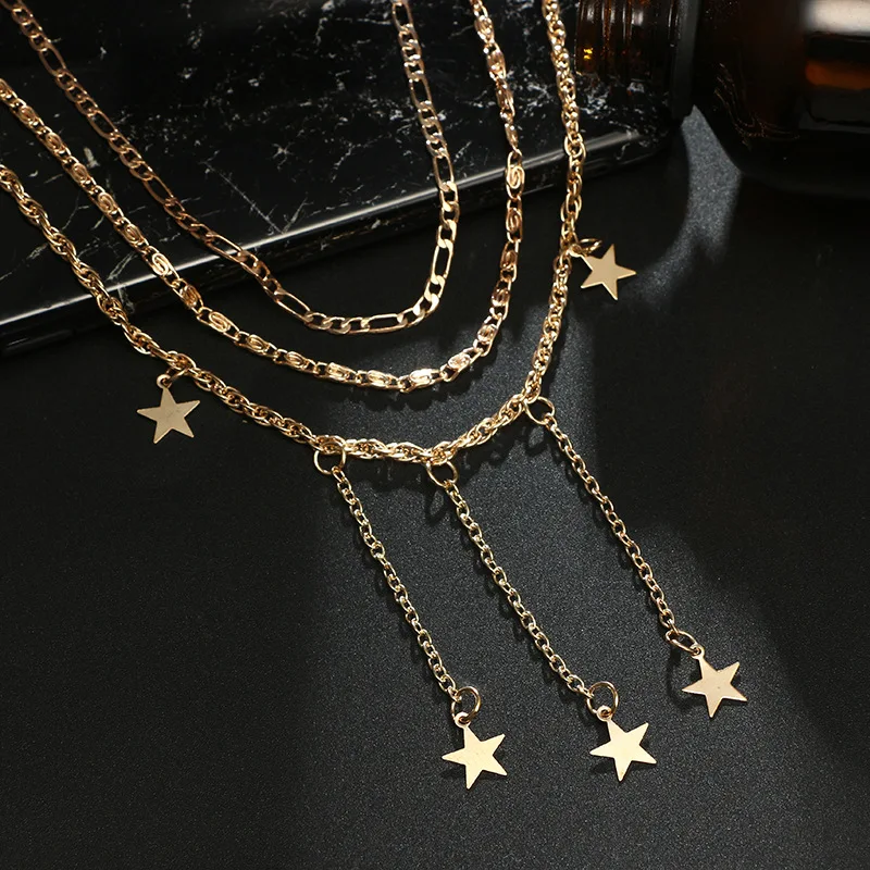 Модное многослойное ожерелье со звездами из цинкового сплава для женщин, ожерелье с подвеской из нержавеющей стали, колье, ожерелье, ювелирные изделия