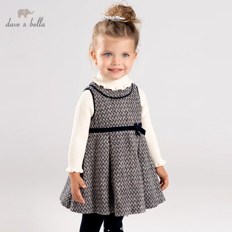 DB11471 dave bella/осеннее клетчатое платье-майка принцессы с бантом для маленьких девочек детское модное праздничное платье детская одежда в стиле «лолита»