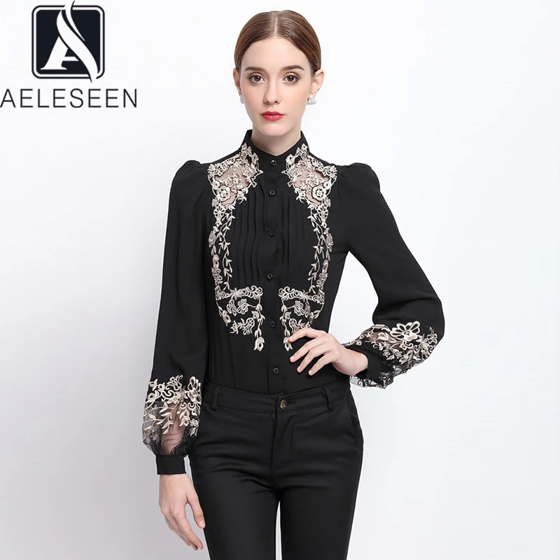 AELESEEN Лидер продаж Европейский офис леди сиамская рубашка роскошные вышивка на сетке прозрачный дизайн цветочные кружева блузка для женщин