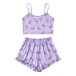 Summer Women Pajama Set  Cute Printed Pattern Pajamas Suspenders Sexy  Night Homewear Sleeveless Tops and Shorts  2-Piece Set